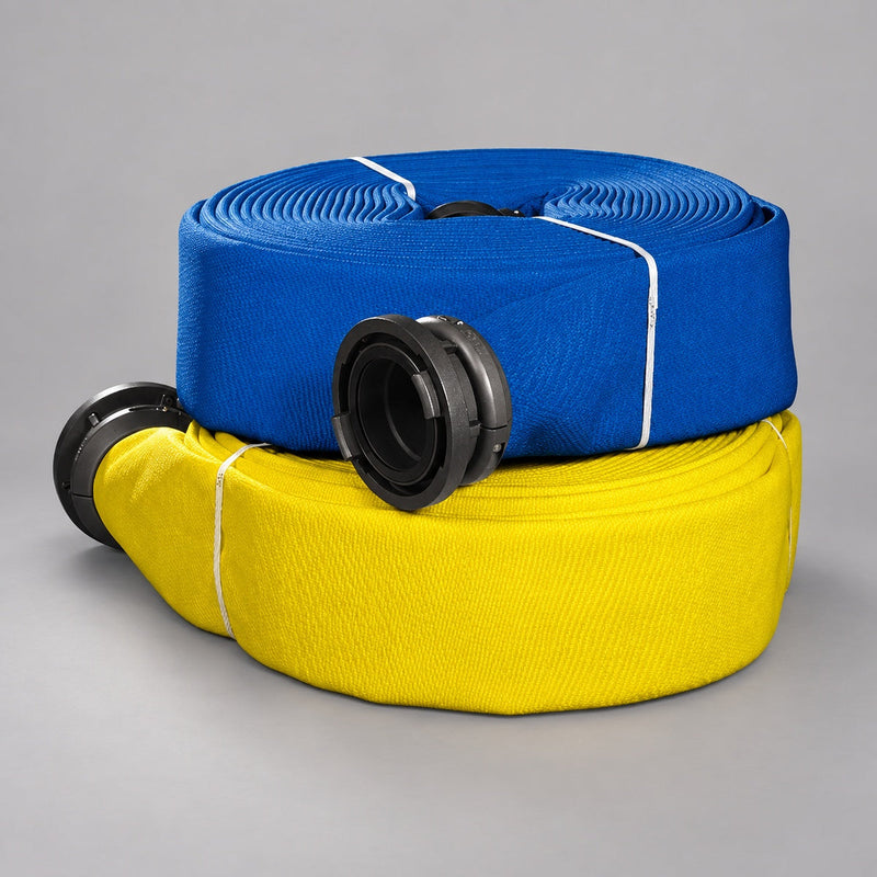 NIEDNER READY large-diameter supply hose coils in blue and yellow with black couplings