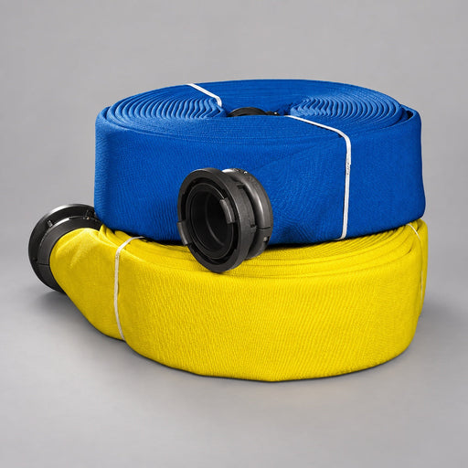 NIEDNER READY large-diameter supply hose coils in blue and yellow with black couplings