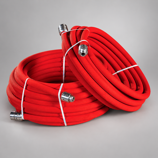 NIEDNER REEL red booster hose coils with metal field-replaceable couplings on a studio-gray background