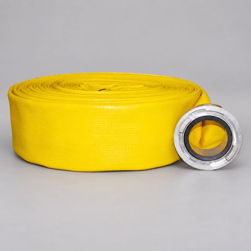 Yellow NIEDNER TTW supply hose coil with silver Storz coupling