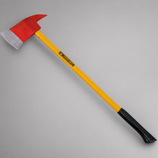Pick-head fire axe with a red head, yellow handle and black grip.