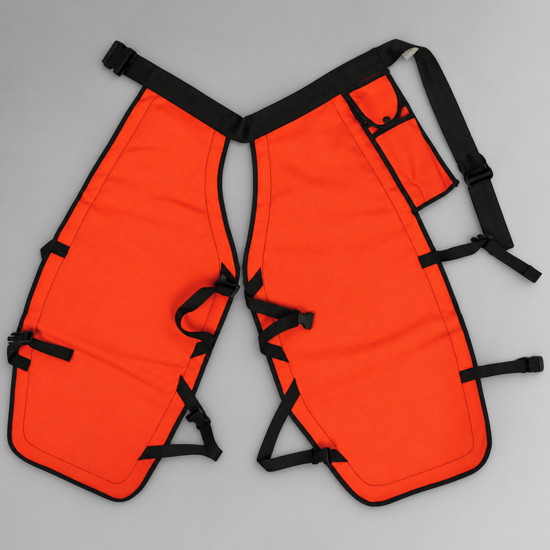 PGI five-ply orange wildland forestry chainsaw chaps with waist and leg straps