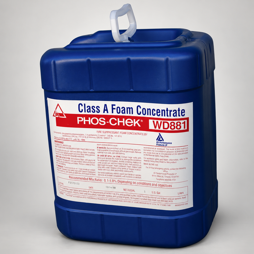 PHOS-CHEK WD881 Class A foam concentrate, blue five-gallon pail on soft gray studio background