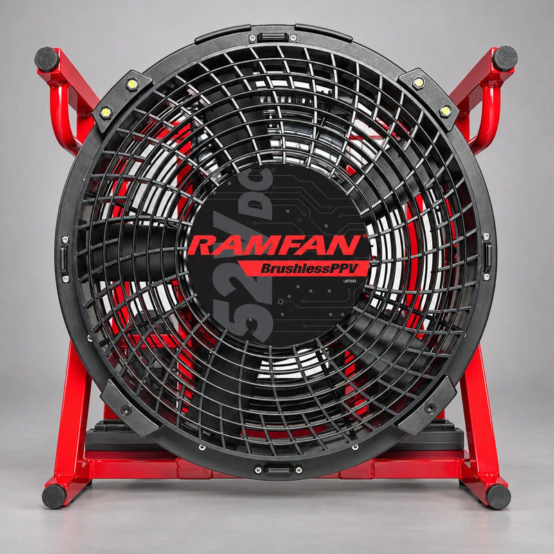 Front view of the RAMFAN EX150Li 52V fan with LED modules and red frame
