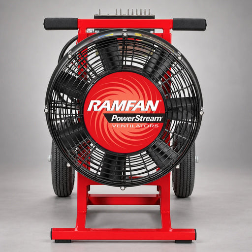 Front view of the RAMFAN EX400 electric PPV fan with red frame, black grille and transport wheels