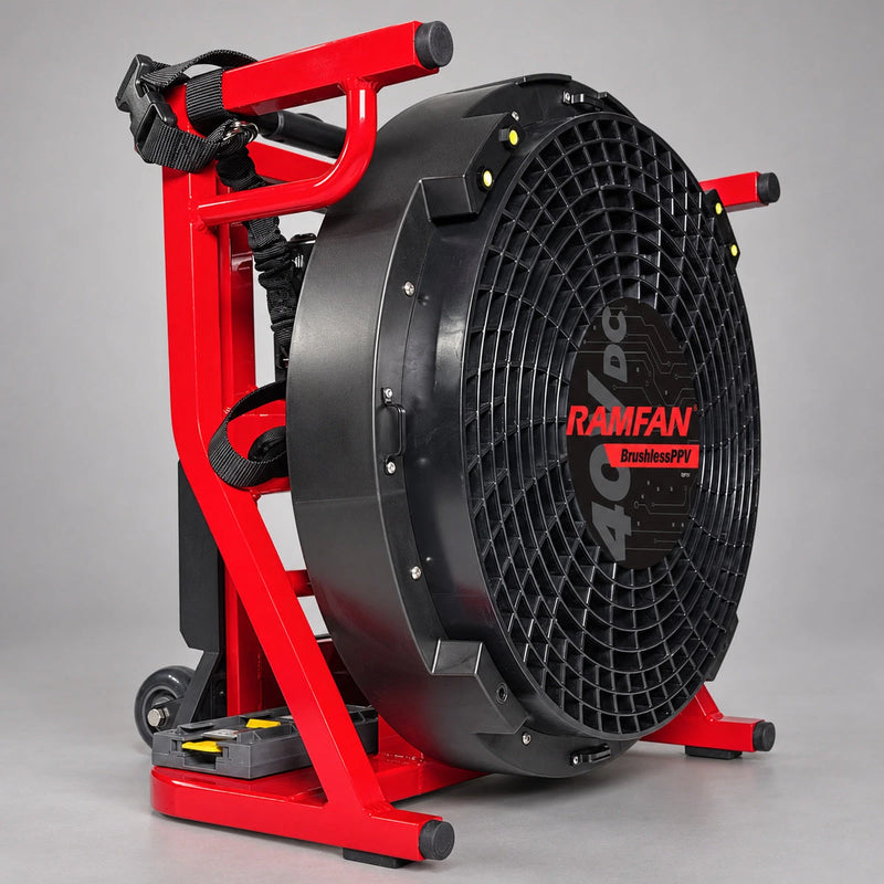 Angled view of the RAMFAN EX50Li 40V ventilator showing straps and empty battery mounts