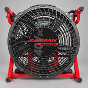 Front view of the RAMFAN EX50Li 40V battery ventilator with red frame and LED modules