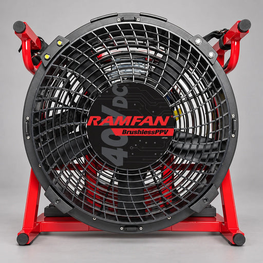 Front view of the RAMFAN EX50Li 40V battery ventilator with red frame and LED modules