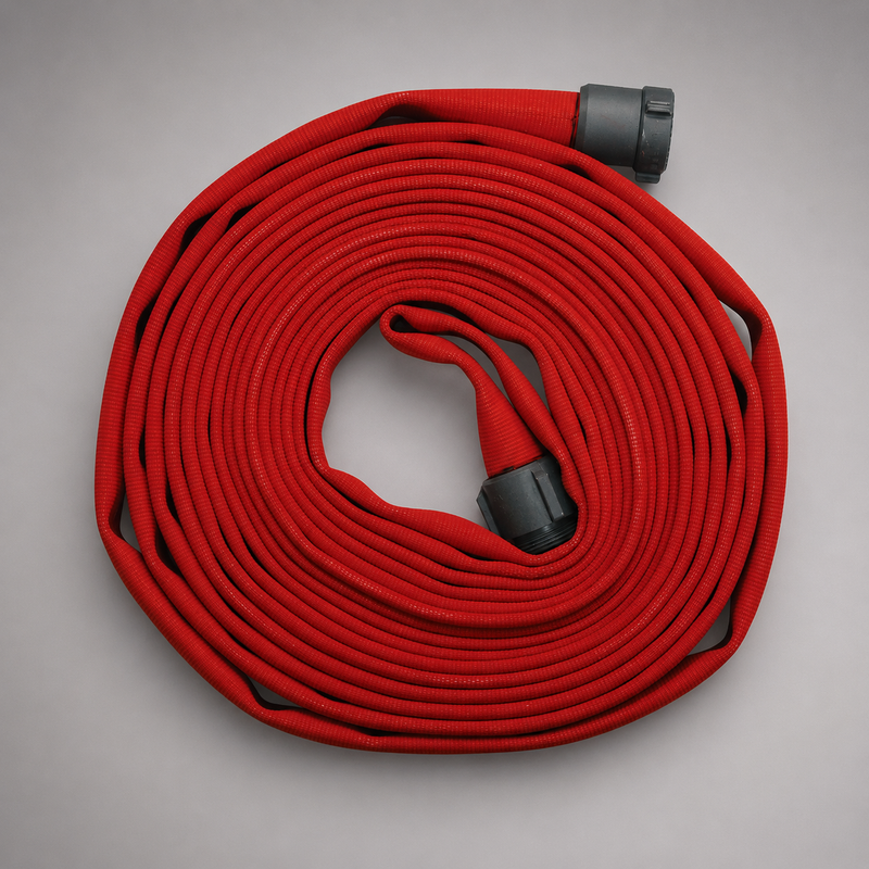 Coiled red fire hose fitted with expansion ring couplings