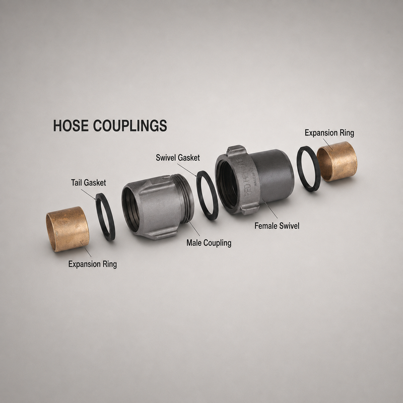 Exploded diagram of an expansion ring coupling, rings, and gaskets