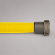 Red Head Brass forestry hose coupling installed on yellow wildland fire hose
