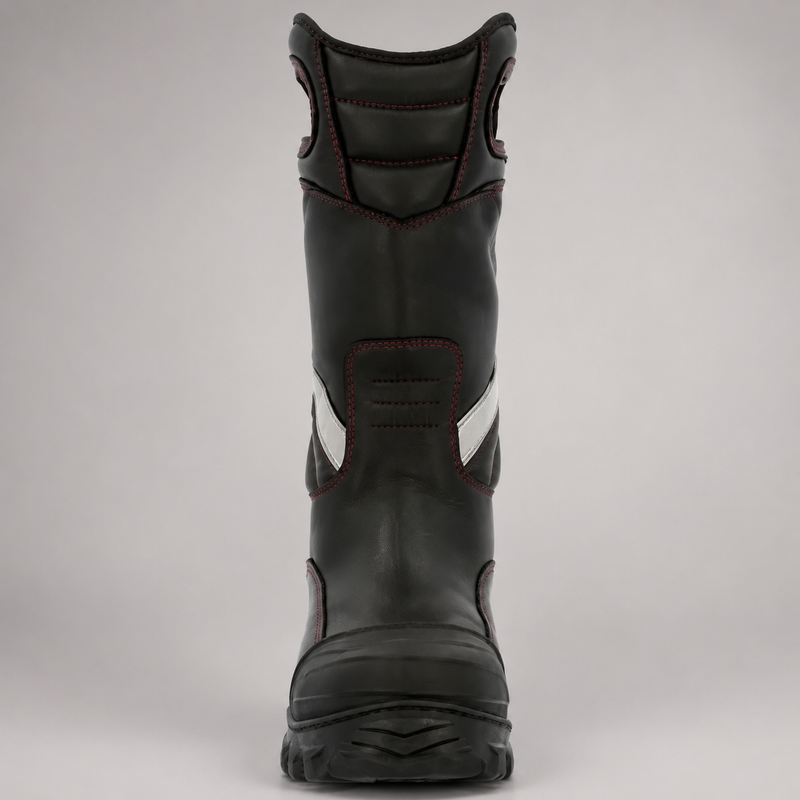 Front view of Rocky Code Red Structure RKD0087 firefighter boot with pull handles and reflective accent
