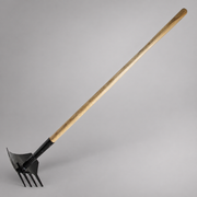Shasta firefighting tool with a wooden handle and a black combination shovel and four-tine rake head.