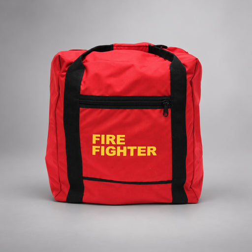 Red Strike Team Stand Up Gear Bag with black webbing handles, front zippered pocket and yellow FIRE FIGHTER lettering.