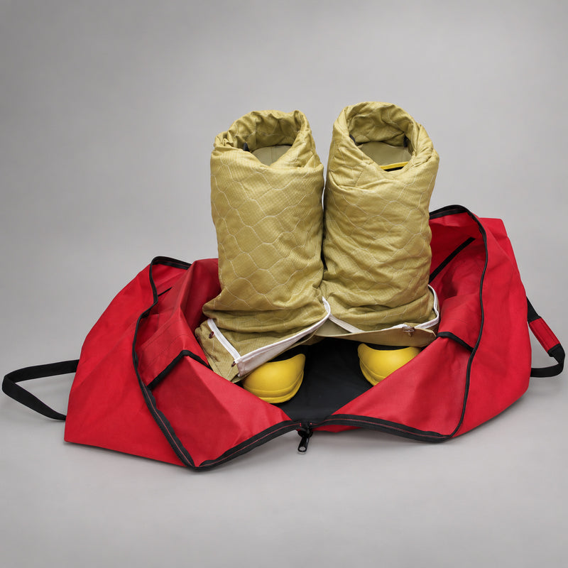 Red Strike Team Stand Up Gear Bag opened flat with protective boots positioned inside.
