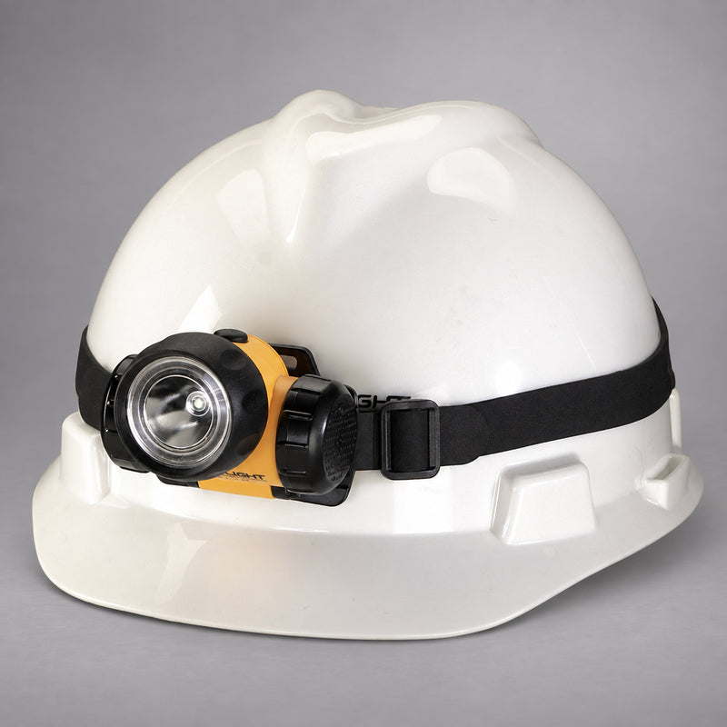 Streamlight 3AA Haz-Lo headlamp mounted on a white hard hat