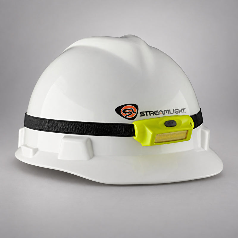 Streamlight Bandit Pro rechargeable headlamp mounted on a white hard hat