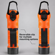 Two rear views of orange Streamlight PolyTac 90 X illustrating reversible pocket clip positions