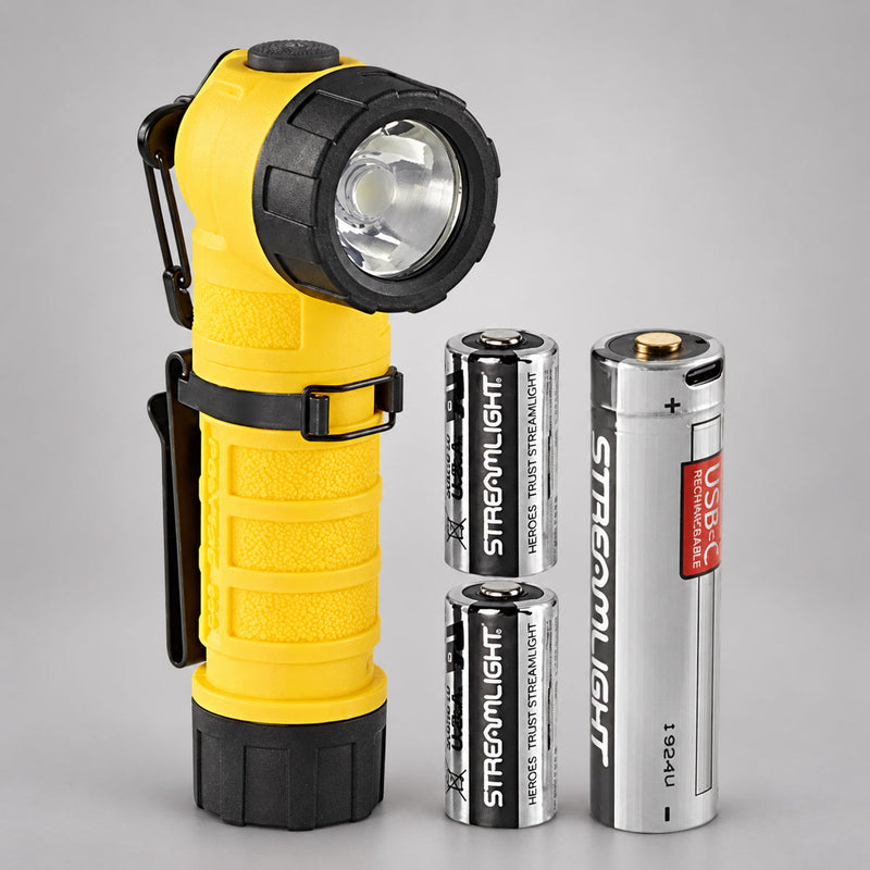 Yellow Streamlight PolyTac 90 X with compatible rechargeable battery and CR123A batteries; power options illustrated