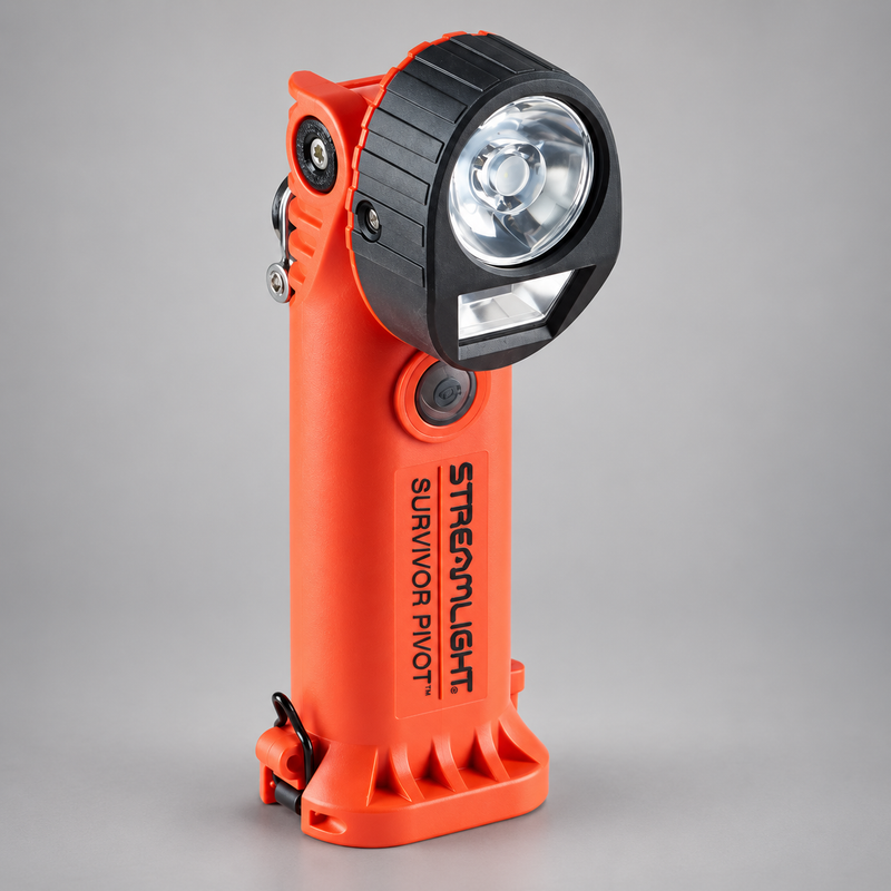 Orange Streamlight Survivor Pivot rechargeable light with articulating head and spot and flood lenses