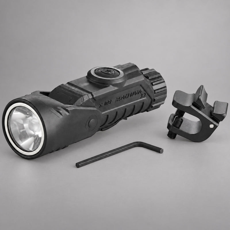 Black Streamlight Vantage 180 X with helmet bracket and hex key on warm gray background