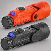 Orange and black Streamlight Vantage 180 X flashlights showing blue rear safety lights on gray background