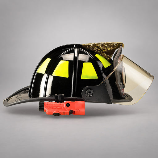 Streamlight Vantage 180 X light mounted beneath a firefighter helmet brim