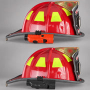 Orange and black Streamlight Vantage 180 X lights mounted beneath firefighter helmet brims on warm gray background