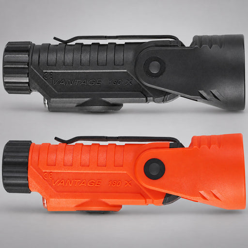 Side profiles of orange and black Streamlight Vantage 180 X flashlights on gray background