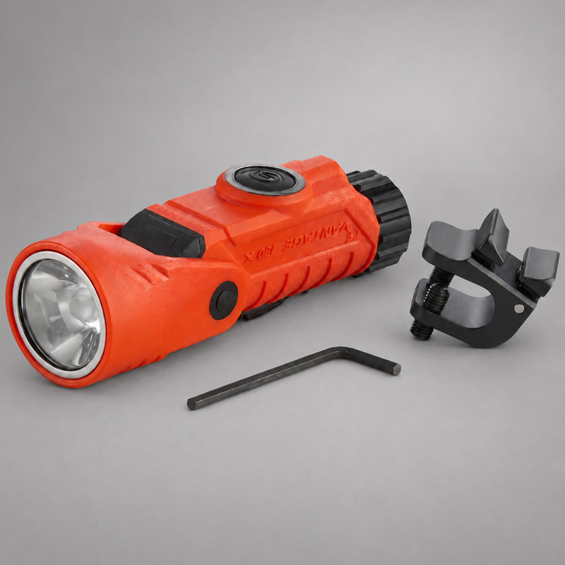 Orange Streamlight Vantage 180 X with helmet bracket and hex key on warm gray background