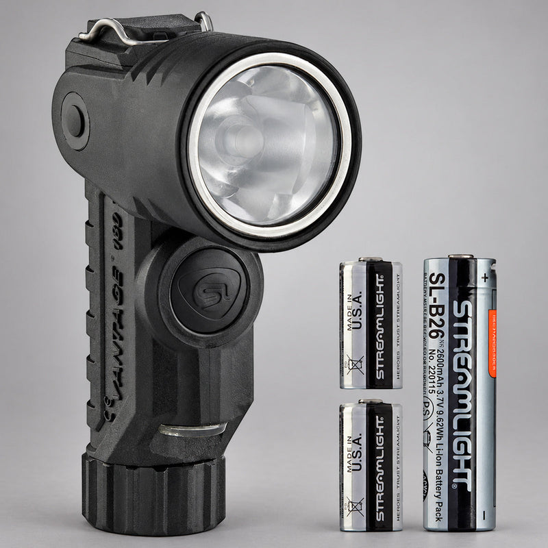 Black Streamlight Vantage 180 X USB flashlight with SL-B26 rechargeable and CR123A battery options on gray background