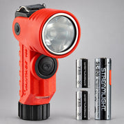Orange Streamlight Vantage 180 X USB flashlight with SL-B26 rechargeable and CR123A battery options on gray background