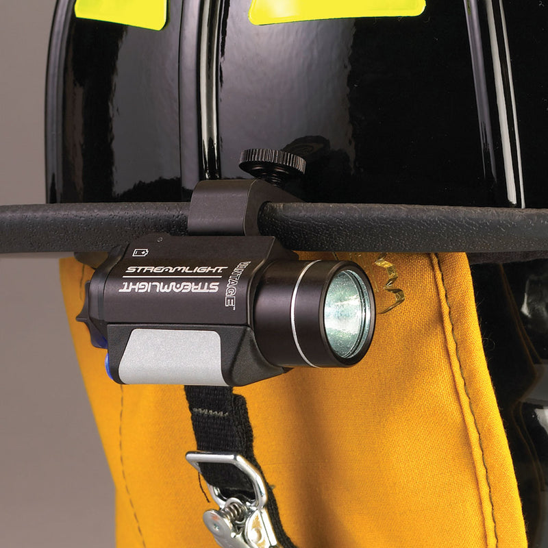 Streamlight Vantage mounted below the brim of a black firefighter helmet