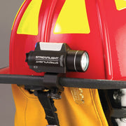 Streamlight Vantage mounted above the brim of a red firefighter helmet