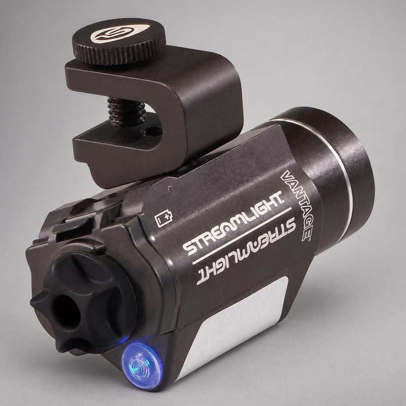 Original rear product view of the Streamlight Vantage showing the blue safety taillight on warm gray background