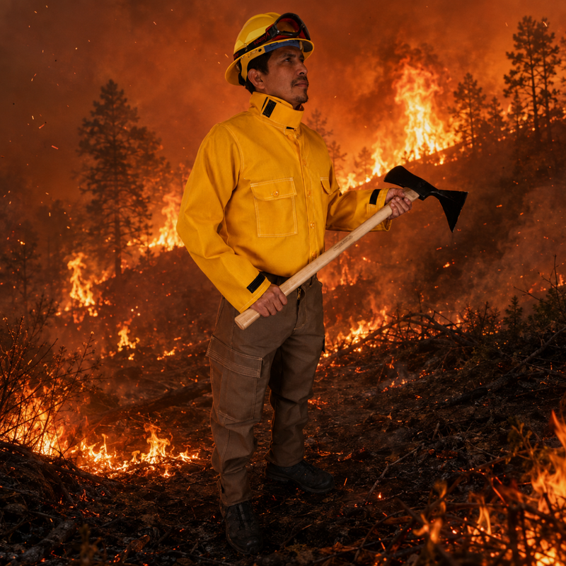 Wildland firefighter wearing khaki Strike Team® Advance™ pants and a yellow fire shirt while holding a Pulaski near a wildfire.