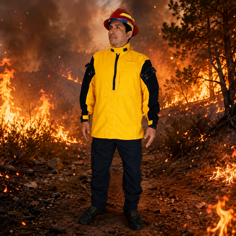 Wildland firefighter wearing navy Strike Team Elite fire pants and a yellow fire shirt in a wildfire setting