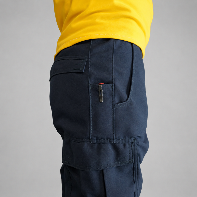 Model wearing navy Strike Team Elite wildland fire pants with a yellow wildland fire shirt