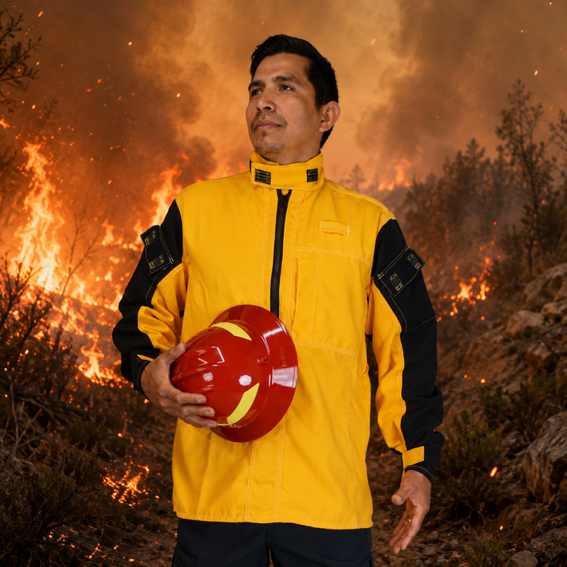 Model wearing the yellow and navy Strike Team Elite wildland fire shirt in a wildfire setting