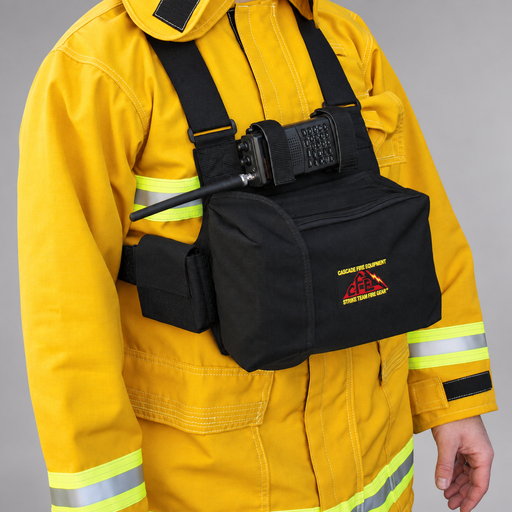 Strike Team Engineer Fire Shelter Pack worn on the front with radio straps and side pouch