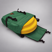 Forest-green Strike Team Fed Wildland Hose Pack opened to show coiled yellow hose and a black hose fitting.