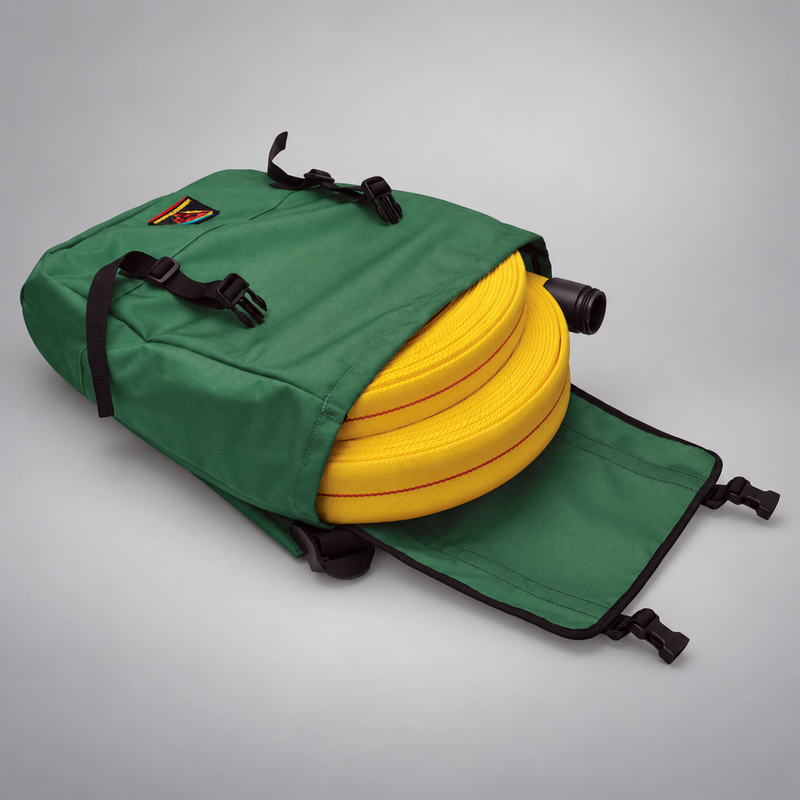 Forest-green Strike Team Fed Wildland Hose Pack opened to show coiled yellow hose and a black hose fitting.