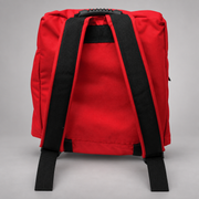 Rear view of the red Strike Team Fed Wildland Hose Pack showing its padded shoulder straps and molded carry handle.