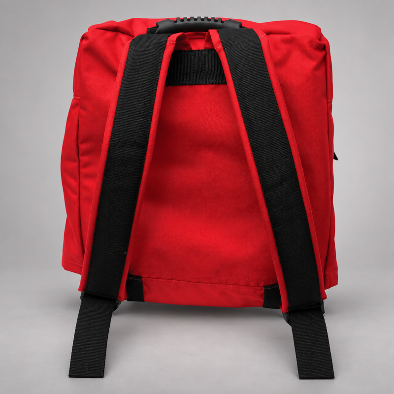 Rear view of the red Strike Team Fed Wildland Hose Pack showing its padded shoulder straps and molded carry handle.