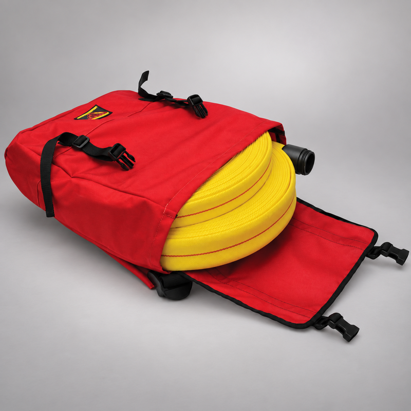 Red Strike Team Fed Wildland Hose Pack opened to show coiled yellow hose, the bottom-deployment opening and a black fitting.