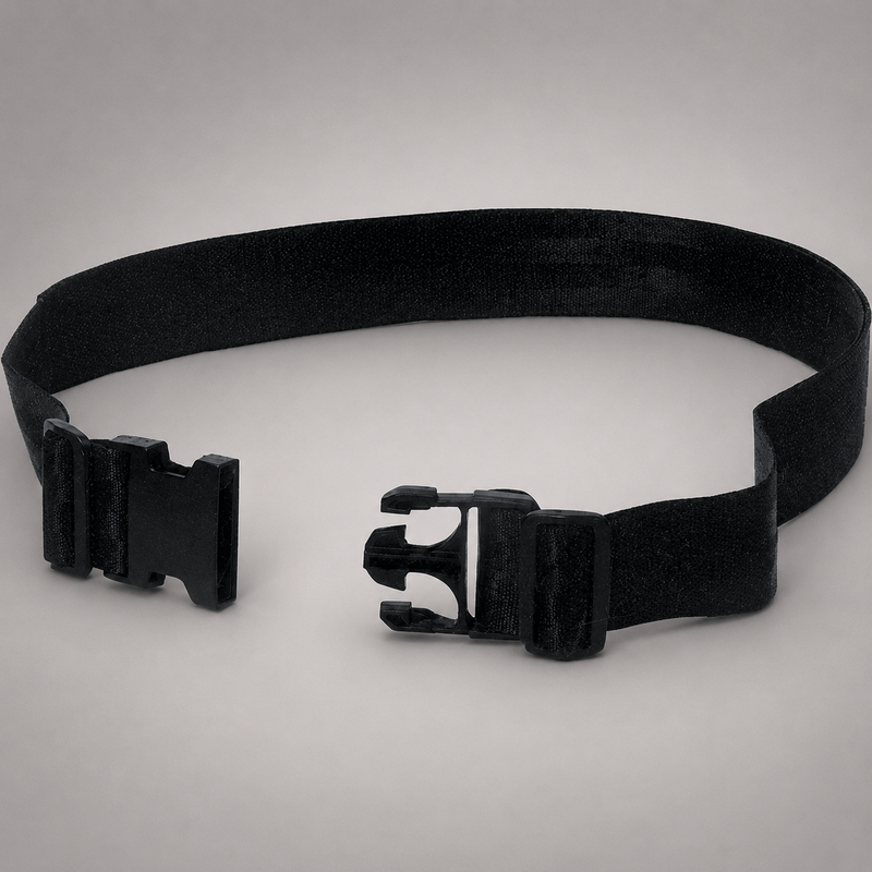 A black elastic belt with a quick-release plastic buckle, displayed on a neutral light gray background.