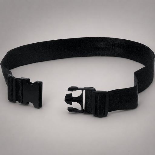 A black elastic belt with a quick-release plastic buckle, displayed on a neutral light gray background.