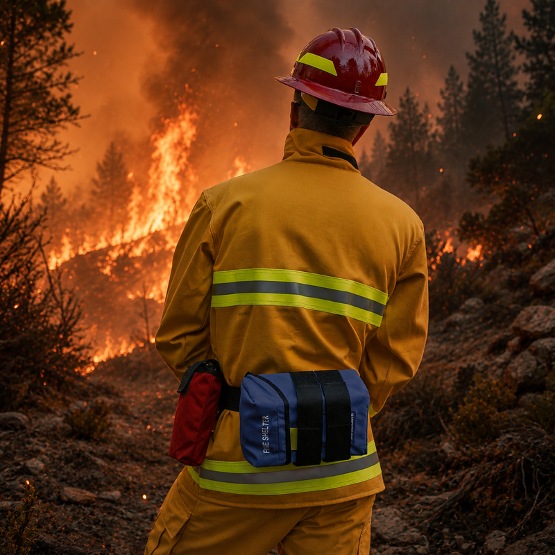 A firefighter seen from behind wearing a yellow turnout jacket with reflective stripes, a red helmet, and a blue waist pack, standing in a forest with a wildfire burning in the background.