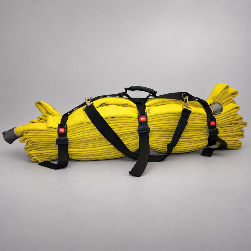 Strike Team Hi-Rise Fire Hose Pack securing folded yellow double-jacketed hose, resting on a gray studio floor.