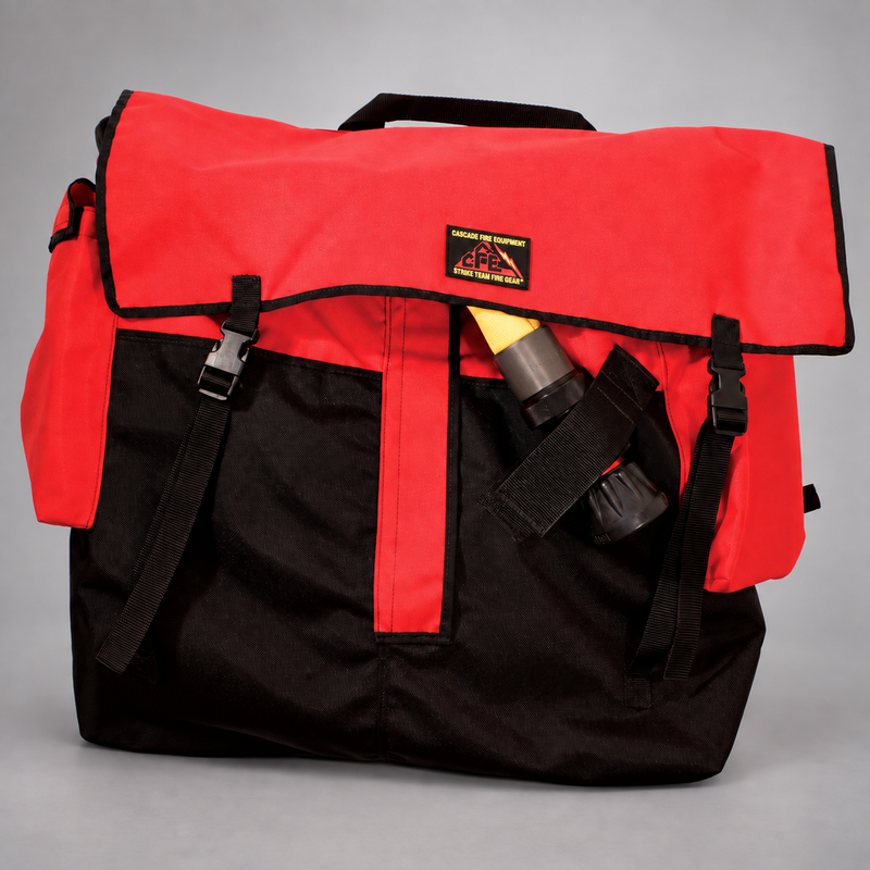 Front view of the red Strike Team Medford Hose Pack showing its buckle-secured flap, black reinforced base and exterior equipment storage.